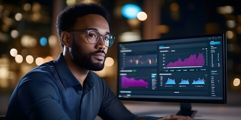A person analyzing data on a computer screen, with graphs and charts displayed, set against a blurred urban backdrop. Concept Data Analysis Techniques, Visualization Tools, Urban Work Environment