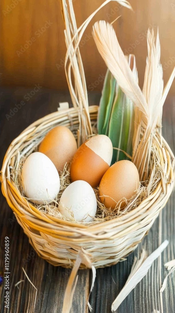 Poster natural unpainted eggs nestled in hay with feathers on a rustic wooden table illuminated by soft nat