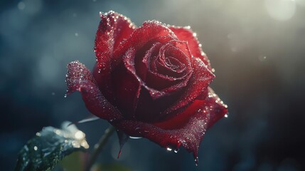 A close-up of a single red rose covered in delicate water droplets, with the petals glistening under soft sunlight, creating a romantic and fresh atmosphere.
