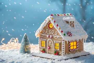 Fototapeta premium Festive Gingerbread House Decorated with Frosting and Candies in Winter Setting