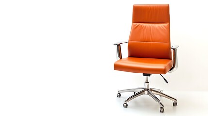 Fototapeta premium A tan leather office chair with chrome legs sits on a white background