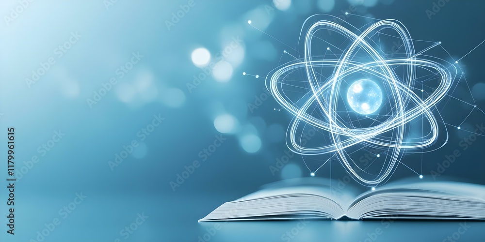 Poster an open book with a glowing atom graphic above it, symbolizing the intersection of knowledge and sci