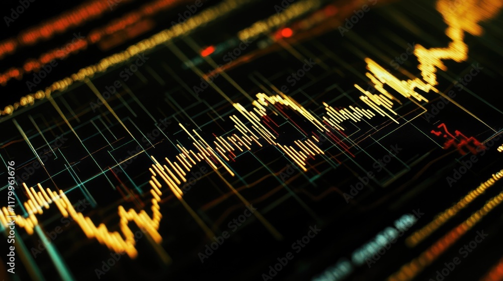 Poster a close-up of a stock market chart with fluctuating lines and candlestick patterns on a computer scr