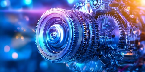 A close-up view of a complex mechanical gear system with intricate details, highlighted by vibrant blue and orange lighting. Concept Mechanical Gear System, Close-Up Photography, Intricate Details
