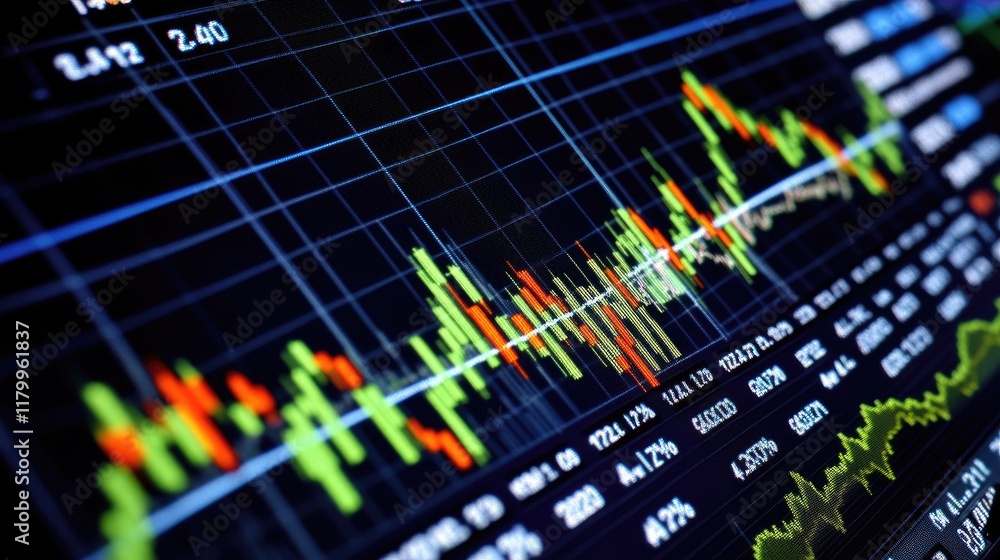 Poster a close-up of a stock market chart with fluctuating lines and candlestick patterns on a computer scr