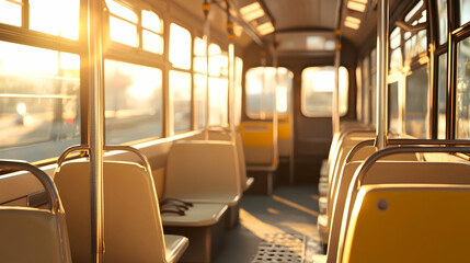 Fototapeta premium Empty sunlit bus interior with beige seats and cinematic lighting