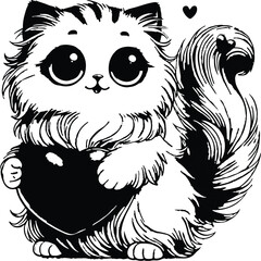Fototapeta premium Cute cartoon cat, big expressive eyes, fluffy fur, holding heart, black and white illustration, kawaii style, chibi cat, adorable feline, ink drawing, simple background, playful pose, oversized head, 