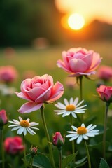 Delicate roses and daisies unfurl petals in an English meadow at sunrise, sunrise, dew, english meadow