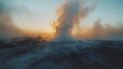 Obraz premium A misty geyser erupting into the sky, with a rugged geothermal landscape as the background, during an early morning exploration