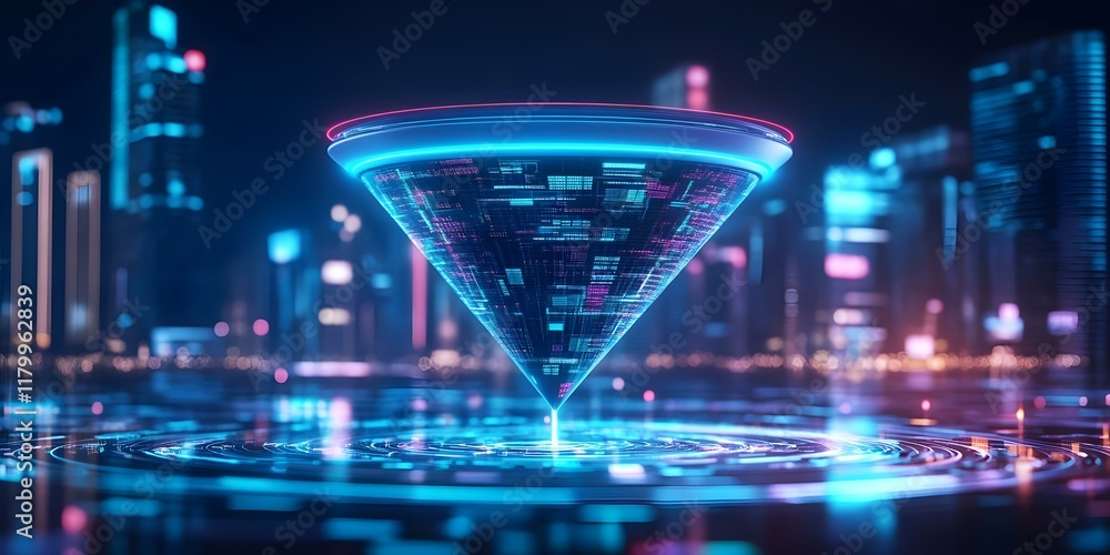 Poster a futuristic digital vortex with luminous patterns, set against a city skyline, creating a sci-fi at
