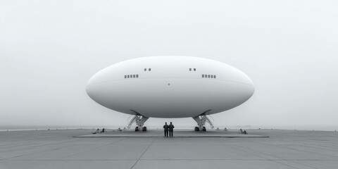 Two figures stand in awe before a massive, futuristic airship at a foggy dock, evoking wonder and curiosity about aviation's future. Generative AI