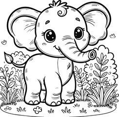 Fototapeta premium Cute cartoon baby elephant, big expressive eyes, small tuft of hair, short trunk, rounded body, standing on grass, flowers nearby, black and white line drawing, coloring book style, simple background,