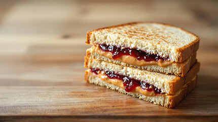 Peanut Butter and Jelly Sandwich with Golden Toasted Bread on a Wooden Background for National Peanut Butter and Jelly Day