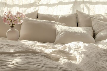 Soft Neutral Bedding with Floral Accent in Sunlit Room