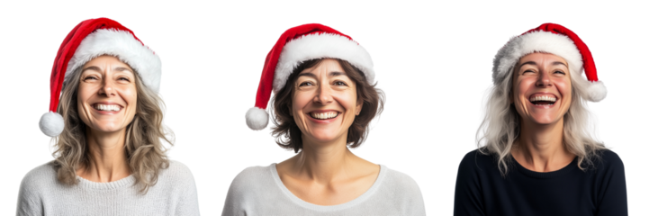 Set of A joyful woman holding a wrapped gift, wearing a festive Santa Claus beanie hat, with a winter wonderland scene behind her on transparent png background