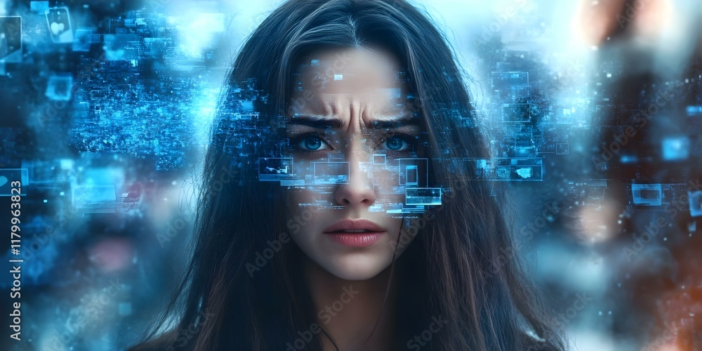 Poster a woman with a concerned expression, surrounded by digital data and holographic elements, suggesting