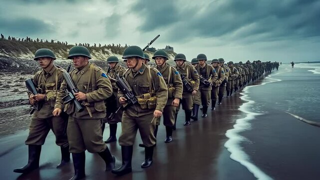 A group of middle-aged Caucasian men dressed as WWII soldiers march on a beach, depicting a military operation with a moody, overcast ambiance. This scene illustrates historical remembrance and