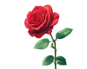 Red rose flower, green leaves, white isolated background