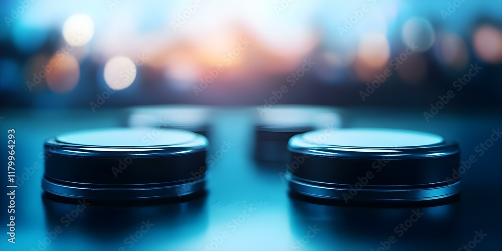 Poster a close-up view of several black round objects, likely game pucks or disks, with a blurred colorful 