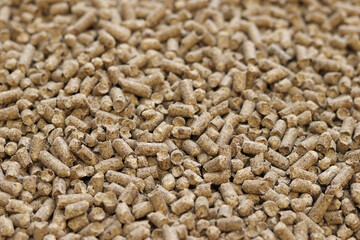 Wood filler for cat toilet, selective focus. Hygienic filler for pets. Pressed wood, large granules. Pellets. A pile of wood pellets. Filler for dogs, cats, domestic rodents