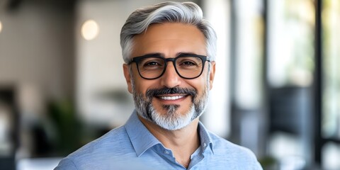 Fototapeta premium A smiling, middle-aged man with gray hair and glasses is in a bright, modern office setting. Concept Office Environment, Professional Portrait, Middle-Aged Man, Gray Hair and Glasses