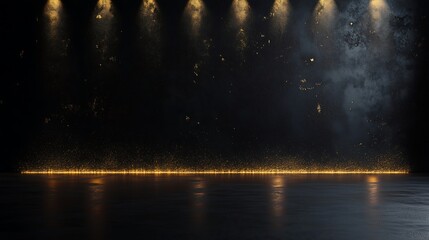 Obraz premium Minimalistic black presentation background with golden light. Elegant backdrop with copy space.