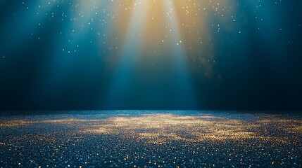  A blue and golden copy space background with spotlights and glitter golden dust and bokeh lights. Festive backdrop.