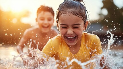 Obraz premium Joyful children splashing in sunlit water during a fun summer playtime