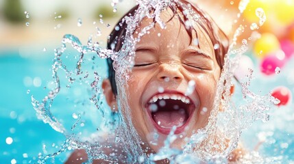 Joyful child playing in splashing water at a colorful pool on a sunny day