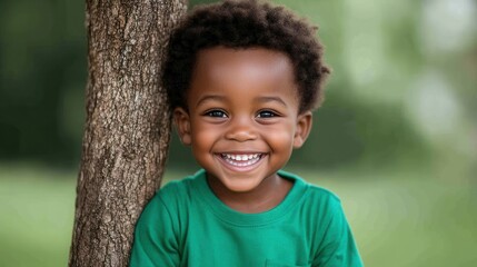 Joyful child smiling outdoors by tree in green shirt
