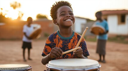 Joyful child playing drums outdoors in vibrant afterschool music program