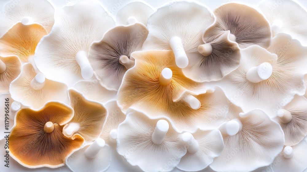 Poster a close-up shot of an assortment of mushrooms in various shades of beige and brown. the delicate tex
