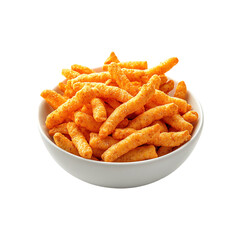 Fresh kurkure snacks in a white bowl isolated on a transparent background, in PNG format