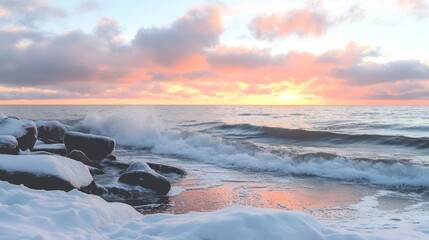Obraz premium Snowy coast sunset waves crashing on rocks