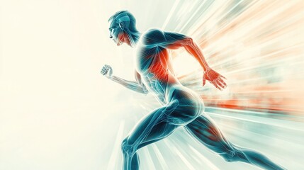 Obraz premium A dynamic shot of a person in motion, such as running or stretching, with an overlay of anatomical lines and labels highlighting muscle groups and joints.