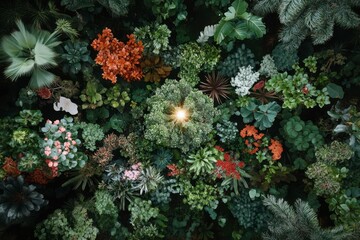 Lush overhead view of a vibrant garden teeming with diverse foliage and colorful blooms in a serene environment. Generative AI
