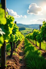 Fototapeta premium Grape vines stretching across a rustic wooden trellis in a lush green vineyard under warm sunshine , freshgrapes, vine, copperwire