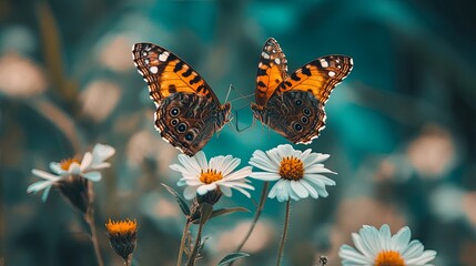 Obraz premium Two butterflies resting on a flower forming a heart with their wings