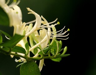 Honeysuckle flowers close-up with dark background