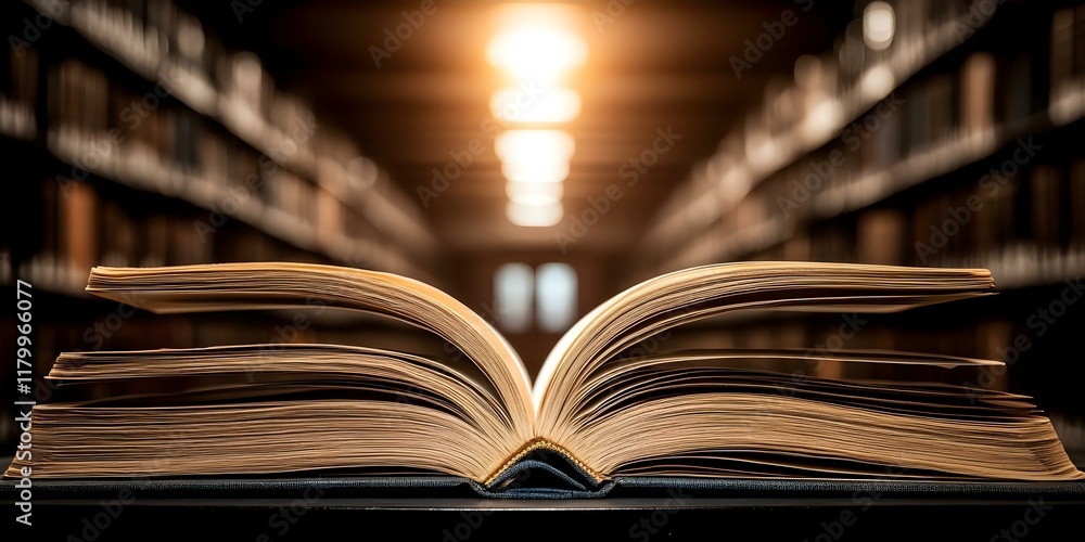 Poster an open book with visible pages, set in a library environment with shelves in the background and sof