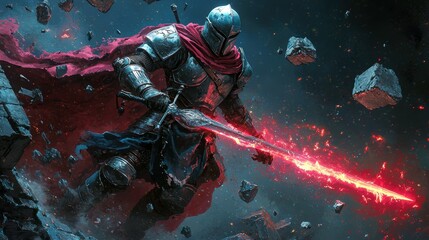 Fototapeta premium A fierce male warrior in armor wielding a glowing sword amid a dramatic backdrop.