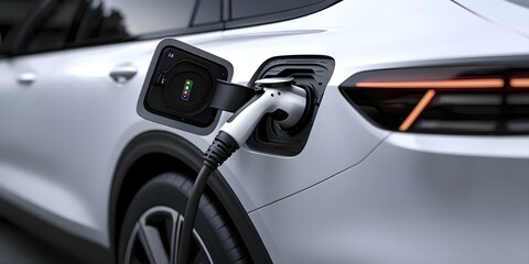 An electric vehicle charging with a charging cable connected to its charging port. Concept Electric Vehicle Charging, Charging Cable Connection, Eco-Friendly Transportation, EV Charging Port