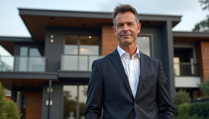 confident businessman in suit standing outside modern luxury house
