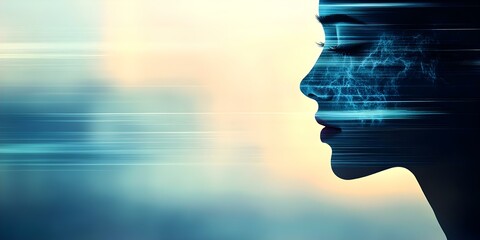 A silhouette of a woman's profile with abstract blue lines and digital effects, creating a futuristic and ethereal appearance. Concept Silhouette Art, Futuristic Design, Abstract Lines