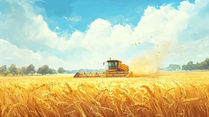 Fototapeta premium Combine harvester working in the field. Tractor. Top view. Wheat.