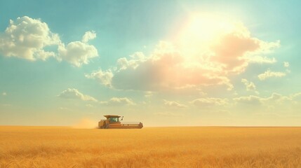Fototapeta premium Combine harvester working in the field. Tractor. Top view. Wheat.
