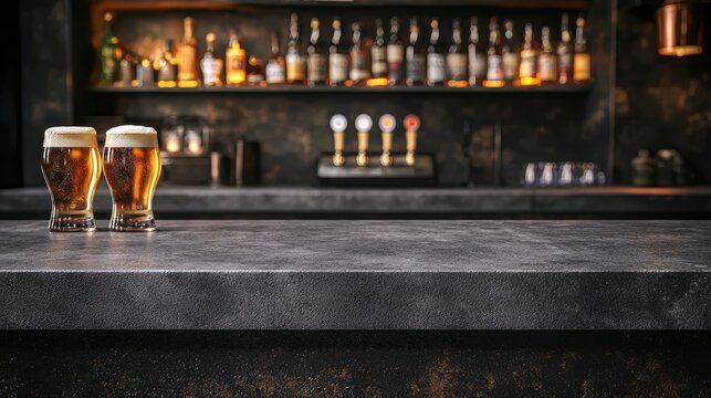 Two glasses of beer on a rustic bar counter in a dimly lit pub.