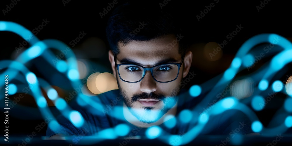 Poster a person wearing glasses focuses intently on a digital display with glowing blue data patterns in a 