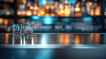 Two empty glasses on a polished bar counter in a stylish, illuminated lounge.
