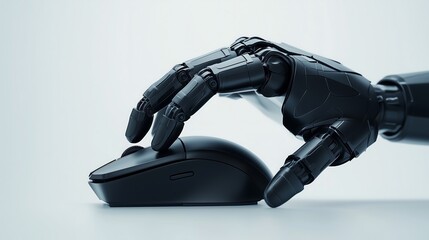 Black robot hand using a computer mouse on white background.	